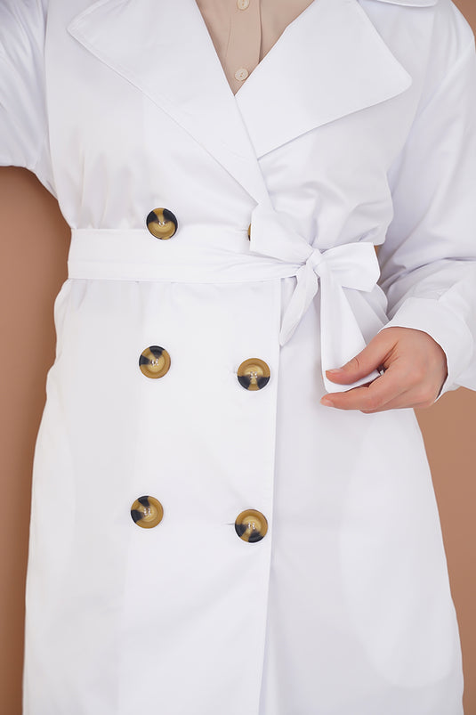 Three-Button Double-Breasted White Trench Coat