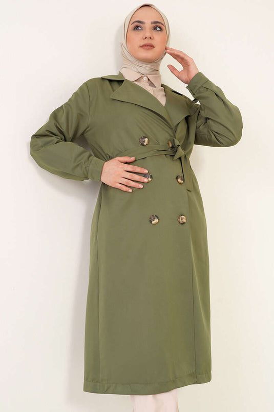 Üç Düğmeli Kruvaze Yaka Haki Trençkot