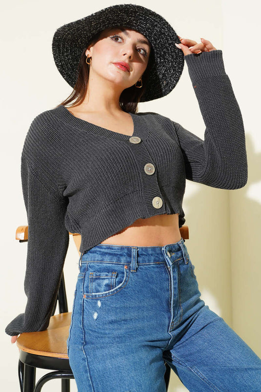 Three-Button Knitted Short Cardigan Smoky Gray