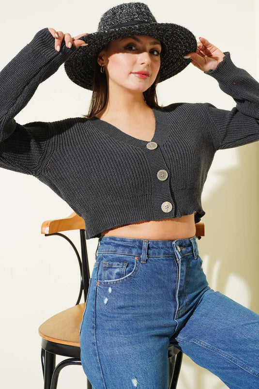 Three-Button Knitted Short Cardigan Smoky Gray