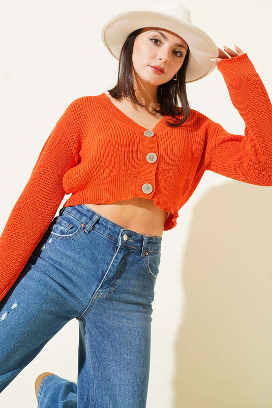 Cardigan court en tricot à trois boutons orange