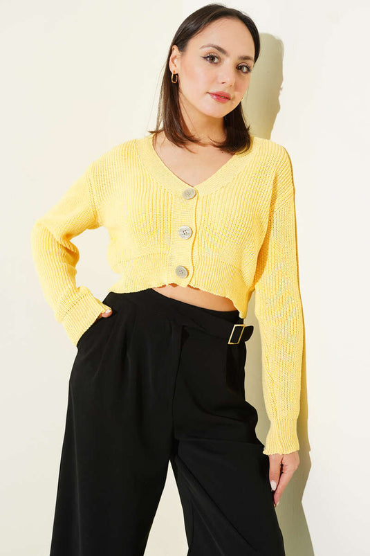 Drieknops Gebreid Kort Vest Geel