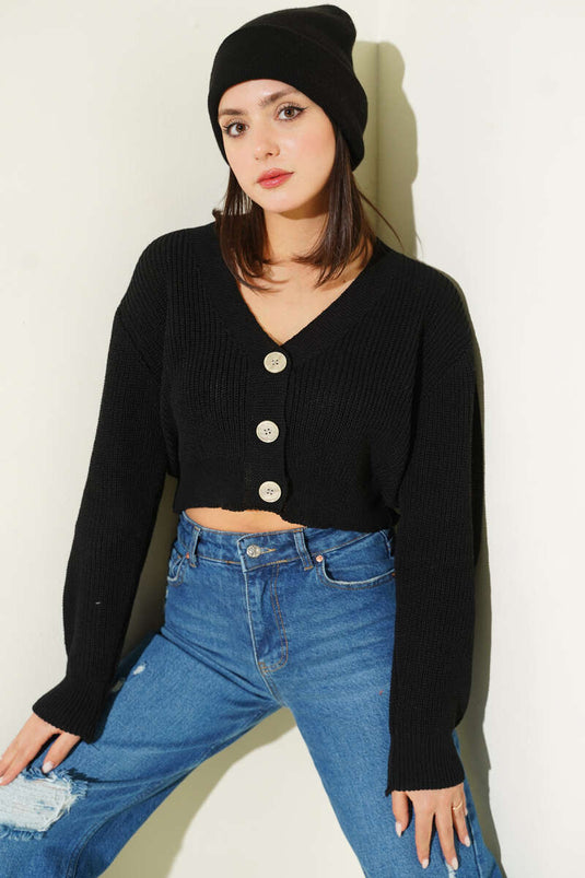 Drieknops Gebreid Kort Vest Zwart