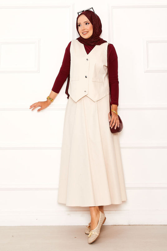 Three-Button Vest and Skirt Two-Piece Suit Cream