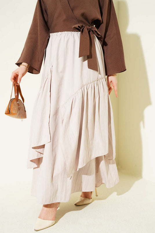 Three-Tiered Ruffled Skirt Beige