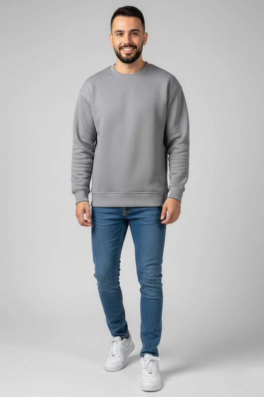 Sweat-shirt homme gris à col rond triple fil