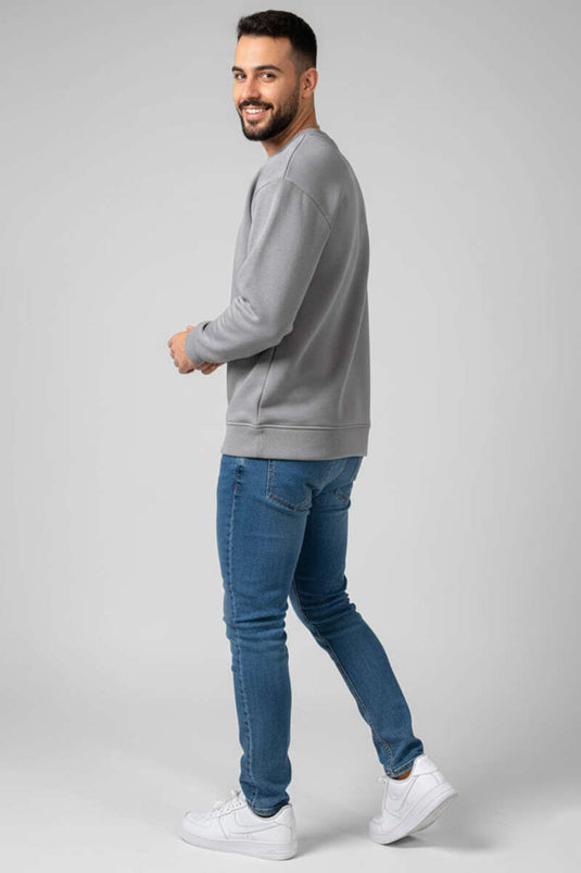 Sweat-shirt homme gris à col rond triple fil