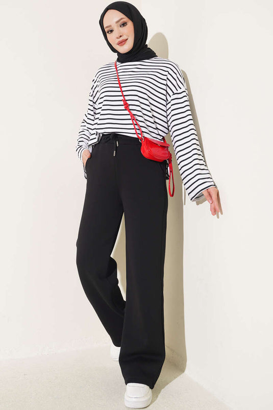 Pantalon Noir À Trois Couches Avec Poches