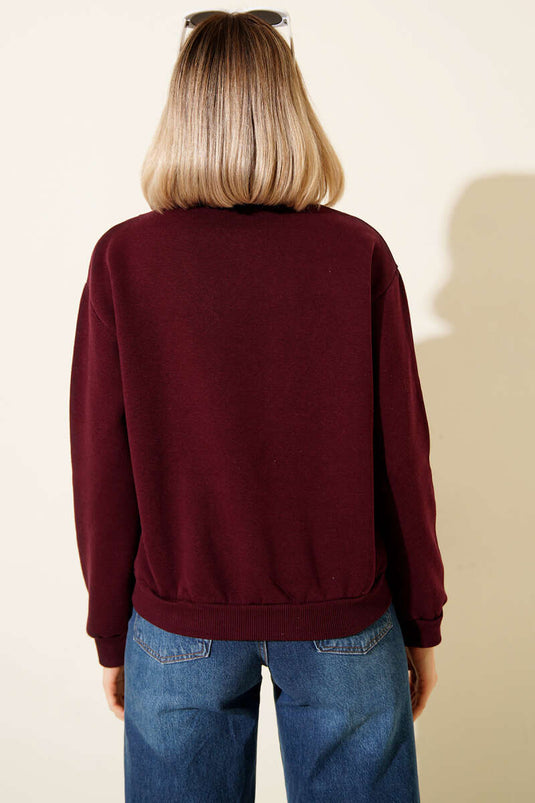 سويت شيرت بثلاث طبقات وياقة واقفة، لون عنابي