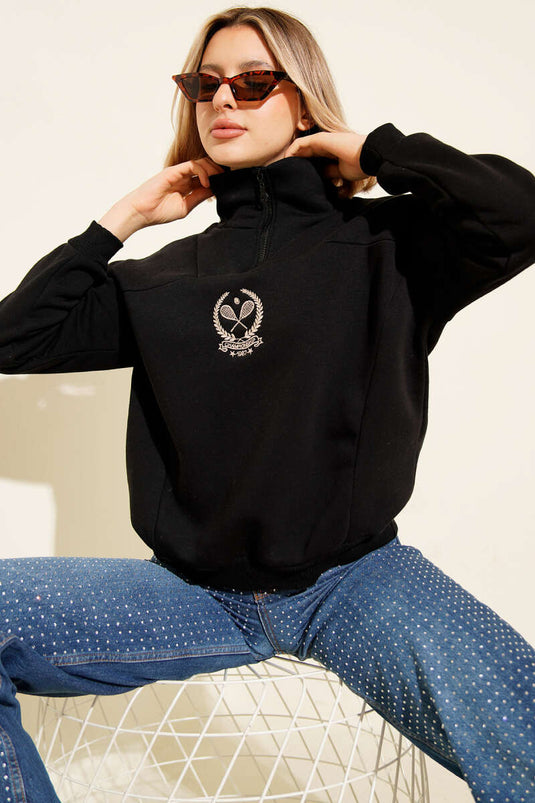 Sweatshirt met opstaande kraag en drievoudige draad, zwart