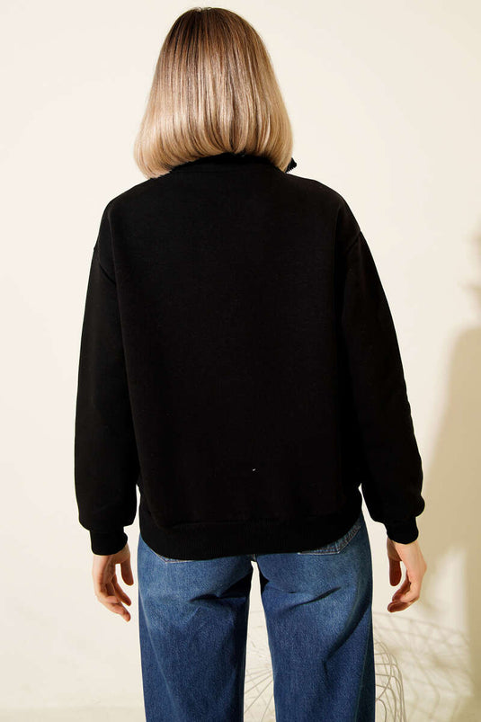 Sweatshirt met opstaande kraag en drievoudige draad, zwart