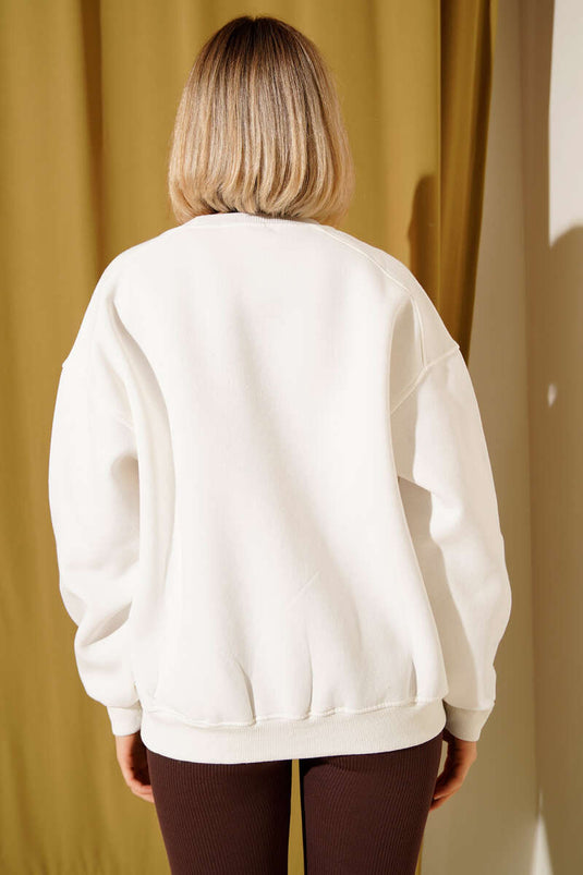 Three-Thread Dropped Sleeve Basic Sweatshirt, Ecru