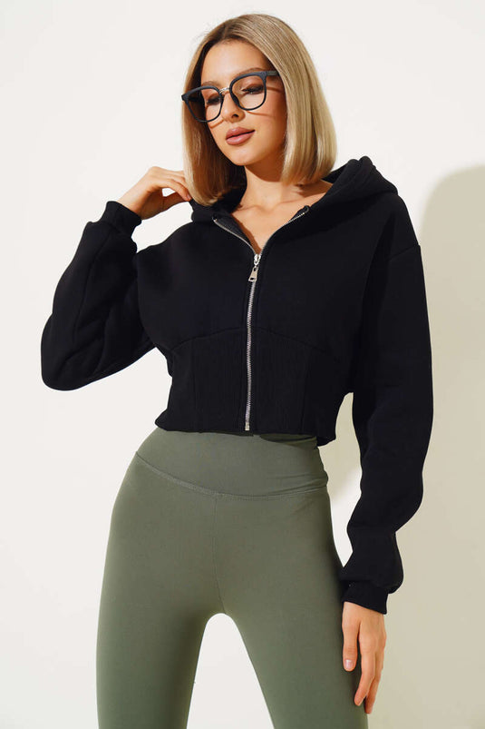 Gilet court à capuche à trois fils noir