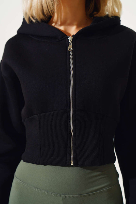 Gilet court à capuche à trois fils noir