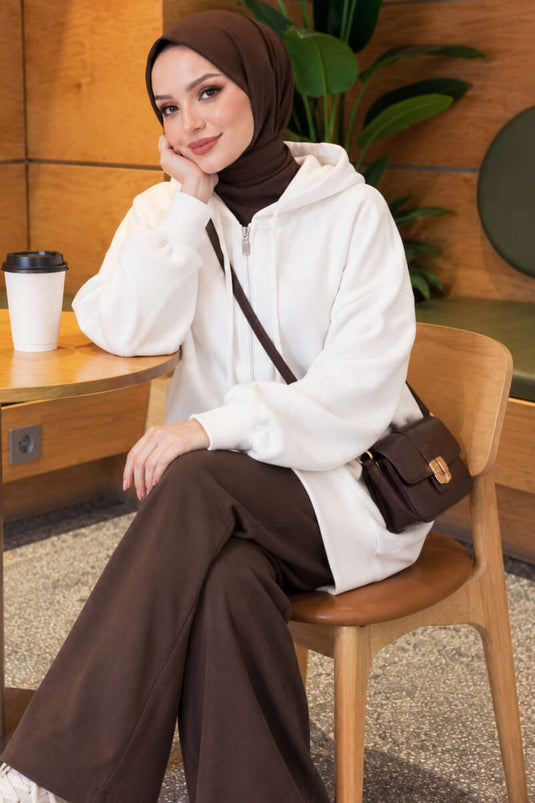 Cardigan Con Cappuccio A Tre Fili Con Zip In Ecru