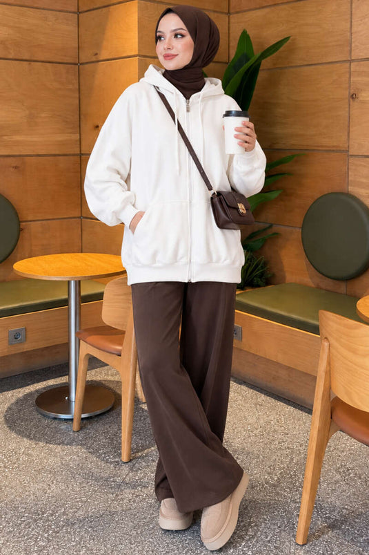 Cardigan Con Cappuccio A Tre Fili Con Zip In Ecru
