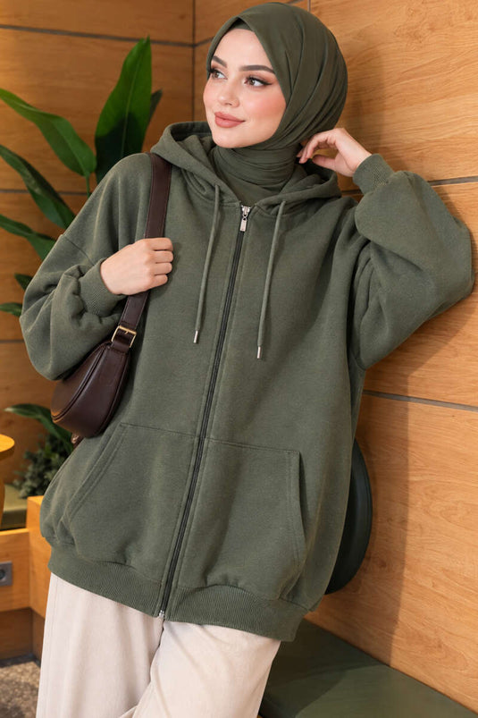 Cardigan Con Cappuccio E Zip A Tre Fili Color Kaki