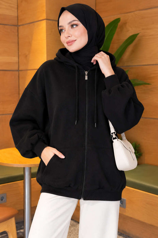 Cardigan Con Cappuccio E Cerniera Nero