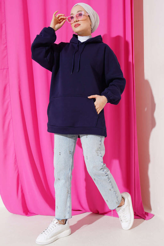 Tunica oversize con cappuccio a tre fili blu scuro