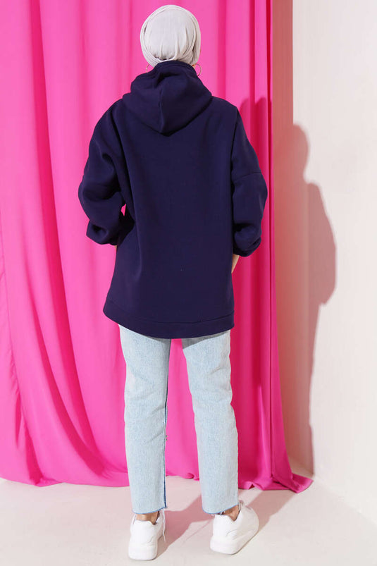 Tunica oversize con cappuccio a tre fili blu scuro