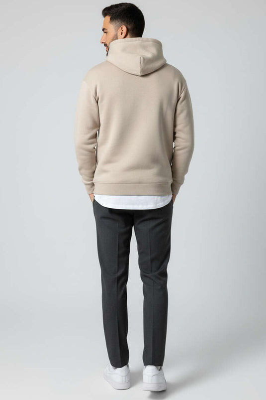 سويت شيرت بغطاء رأس للجنسين بخيط ثلاثي بلون بيج