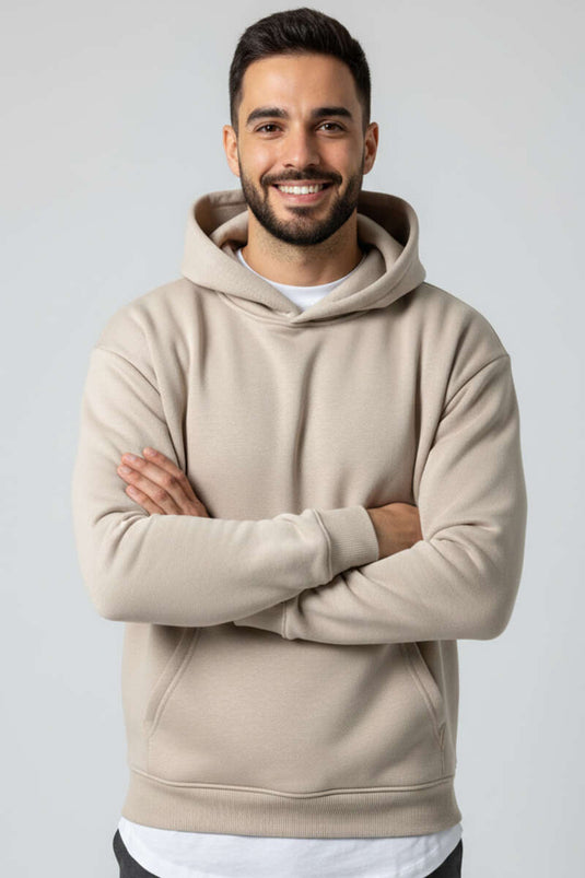 سويت شيرت بغطاء رأس للجنسين بخيط ثلاثي بلون بيج