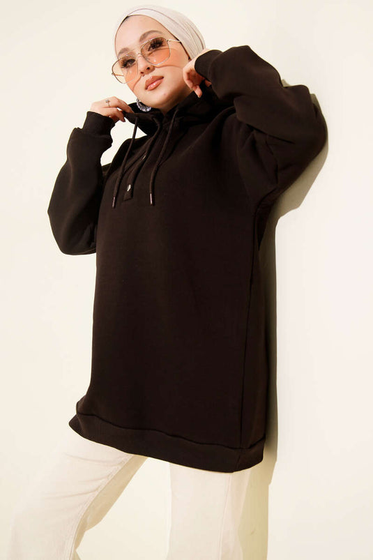 Sweat-shirt à trois fils et demi-boutons-pression marron foncé