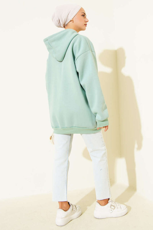 Üç İplik Yarım Çıtçıtlı Sweatshirt Çağla Yeşili