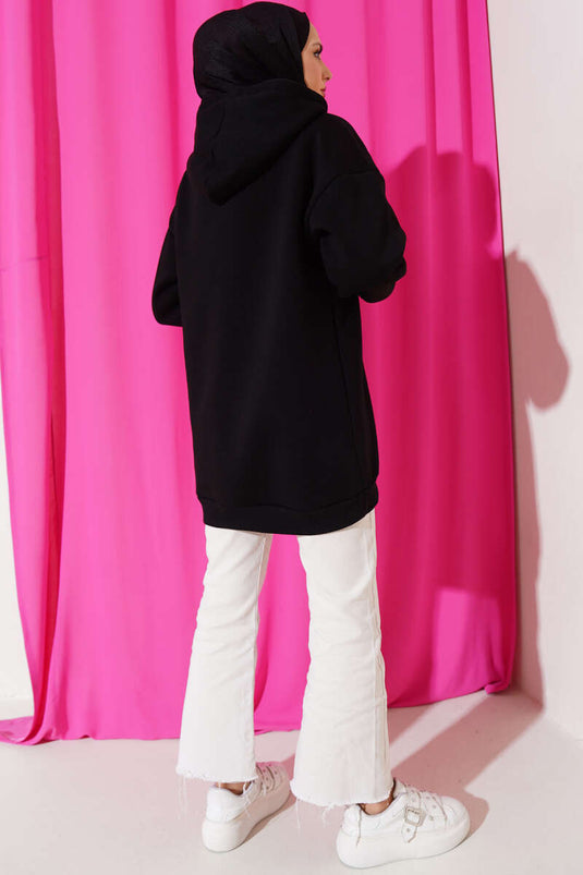 Üç İplik Yarım Çıtçıtlı Sweatshirt Siyah