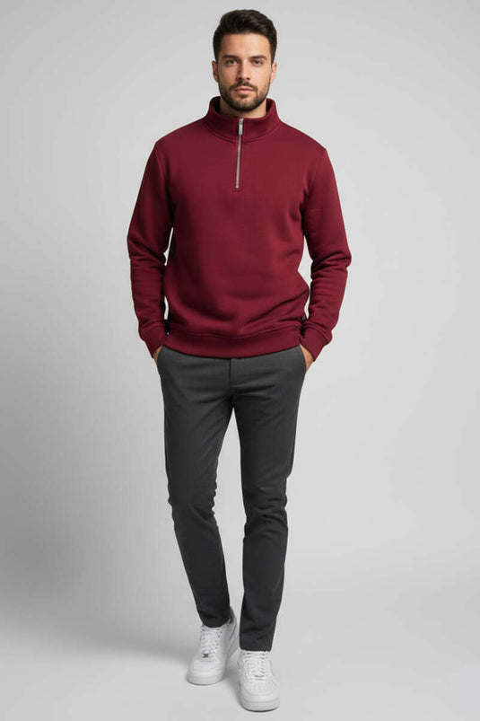 Dreifädiger Halbreißverschluss Herren Pullover Weinrot