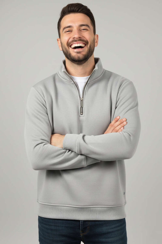 Dreifädiger Halbreißverschluss Herren Pullover Grau