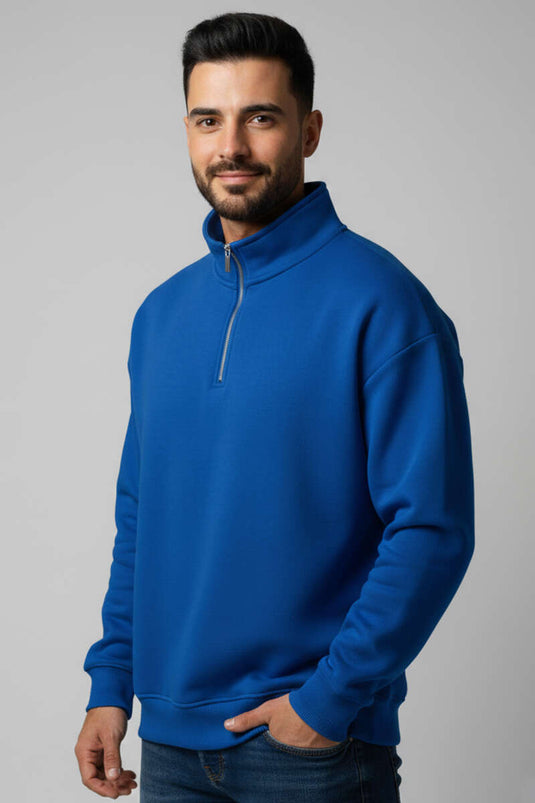 Sweat-shirt pour homme à demi-fermeture éclair en triple fil bleu saphir