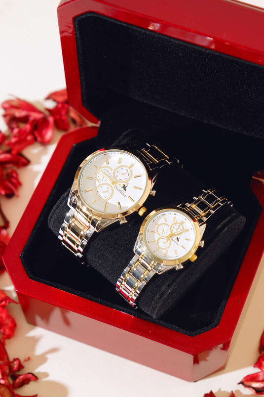 Montre-bracelet pour couple amoureux avec trois chiffres de minutes à cadran argent or