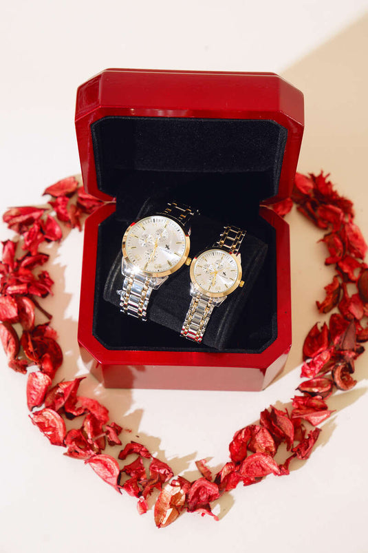 Montre-bracelet pour couple amoureux à trois cadrans, argent et or