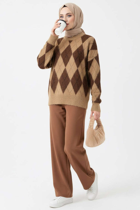 Triangle Diamond Patterned Knitwear Sweater Latte Coffee