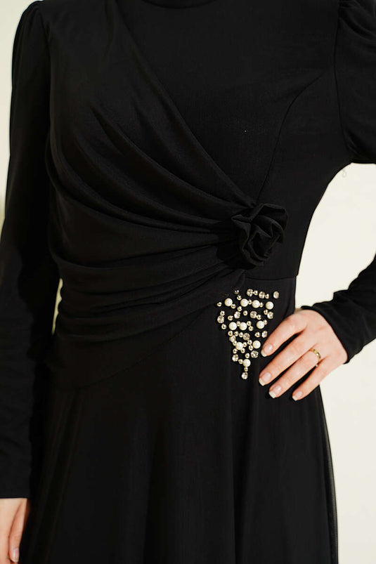 Dreieckiger Steinbesetzter Drapierter Tüll-Abendkleid Schwarz