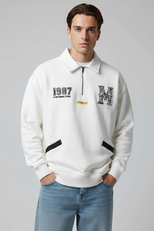 Universal Nakışlı Fermuarlı Erkek Sweatshirt Ekru