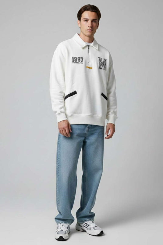 Universal Nakışlı Fermuarlı Erkek Sweatshirt Ekru