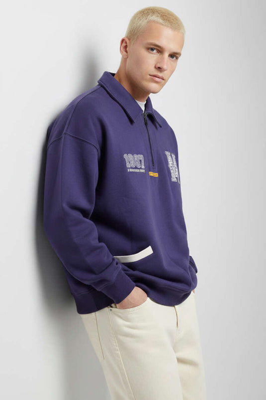 Universal Embroidered Zippered Men's Sweatshirt Navy Blue