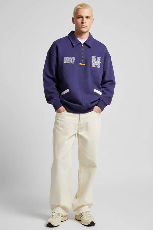 Universal Embroidered Zippered Men's Sweatshirt Navy Blue