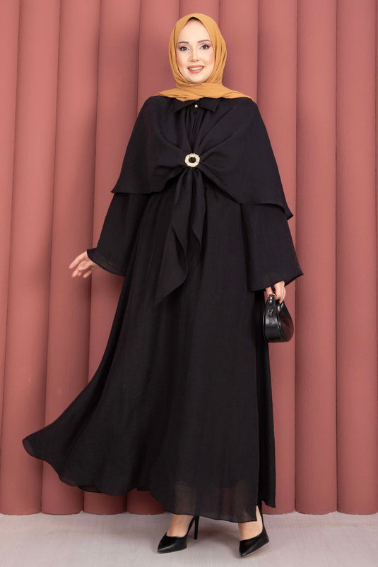 Three-Piece Modest Set with Allergic Brooch Detail Black