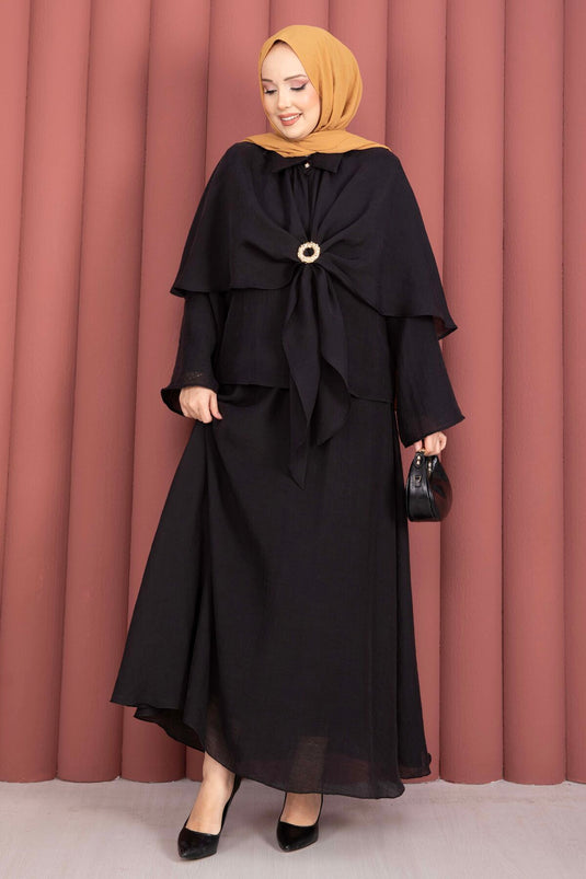 Three-Piece Modest Set with Allergic Brooch Detail Black