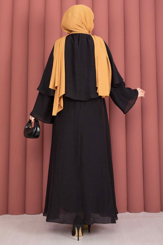 Three-Piece Modest Set with Allergic Brooch Detail Black