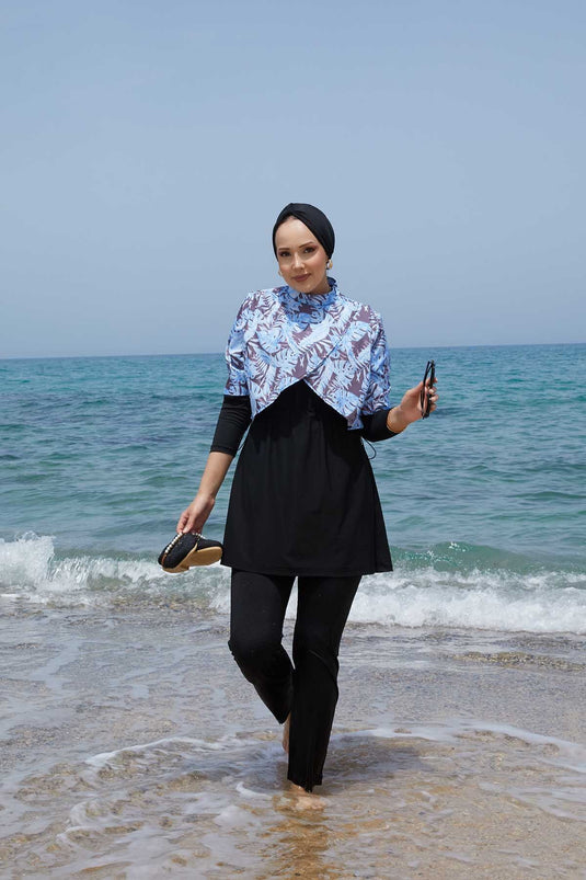 Allerli Patterned Modest Swimsuit Blue