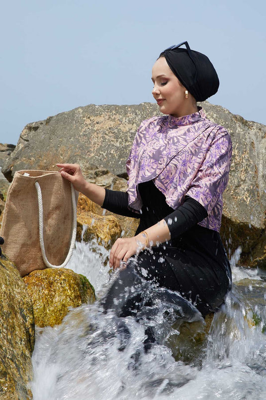 Allerli Patterned Modest Swimsuit Purple