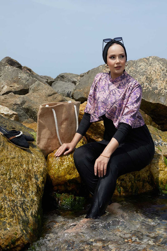 Allerli Patterned Modest Swimsuit Purple