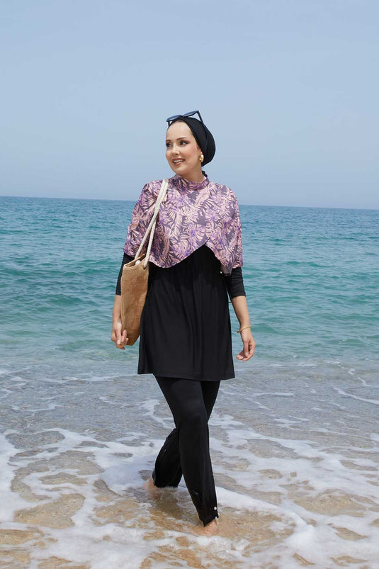 Allerli Patterned Modest Swimsuit Purple