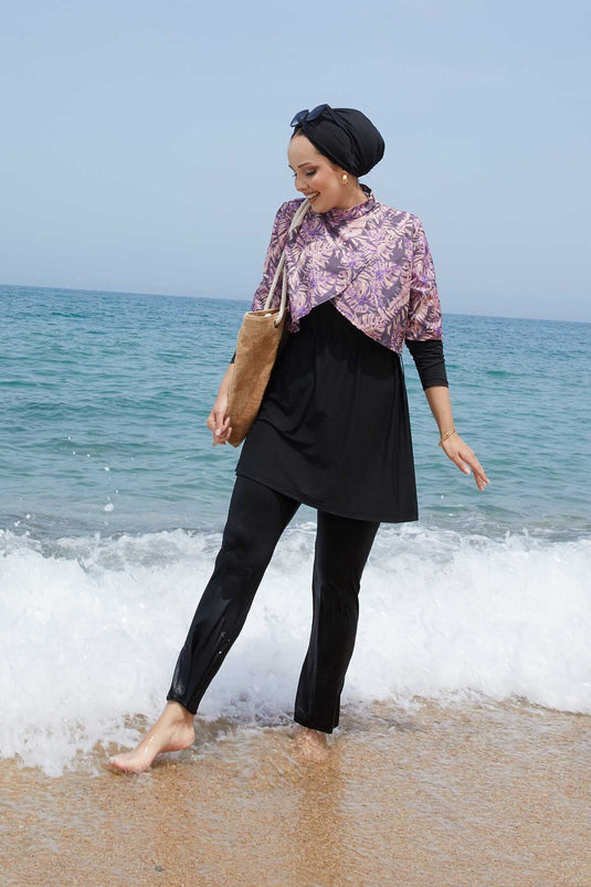 Allerli Patterned Modest Swimsuit Purple