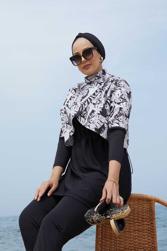 Allerli Patterned Hijab Swimsuit Black