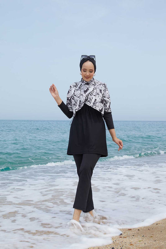 Allerli Patterned Hijab Swimsuit Black